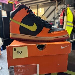 Nike Dunk High Black and Orange with Yellow Swoosh